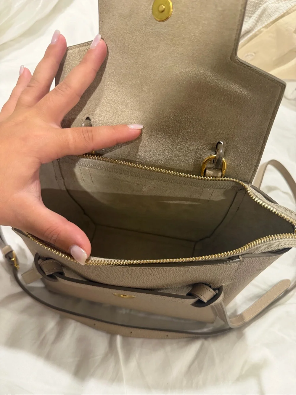 Celine Taupe Leather Satchel with Top Handle and Strap